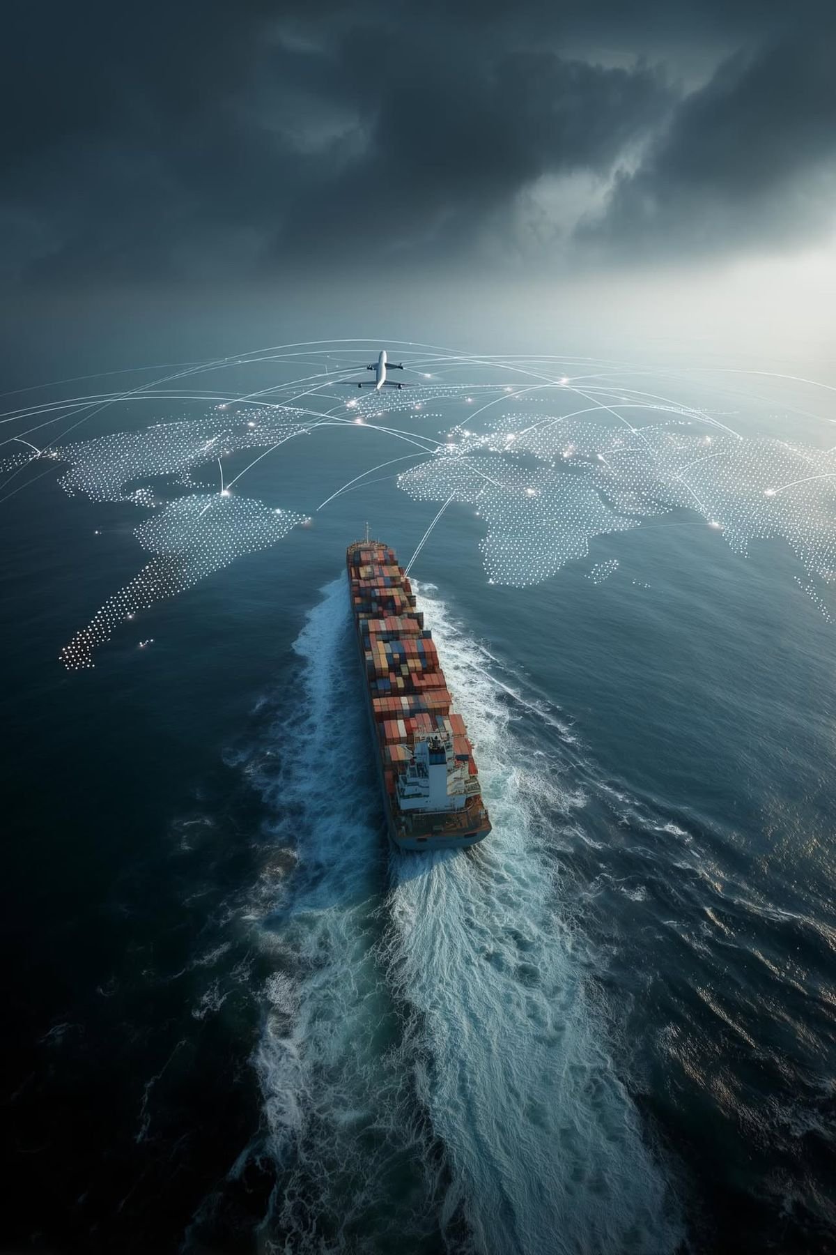 Una nave portacontainer attraversa il mare sotto una mappa di collegamenti internazionali