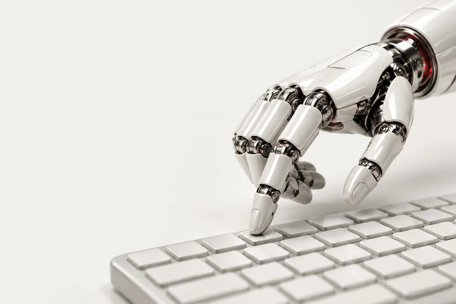 Una mano robotica in ceramica e metallo digita su una tastiera bianca