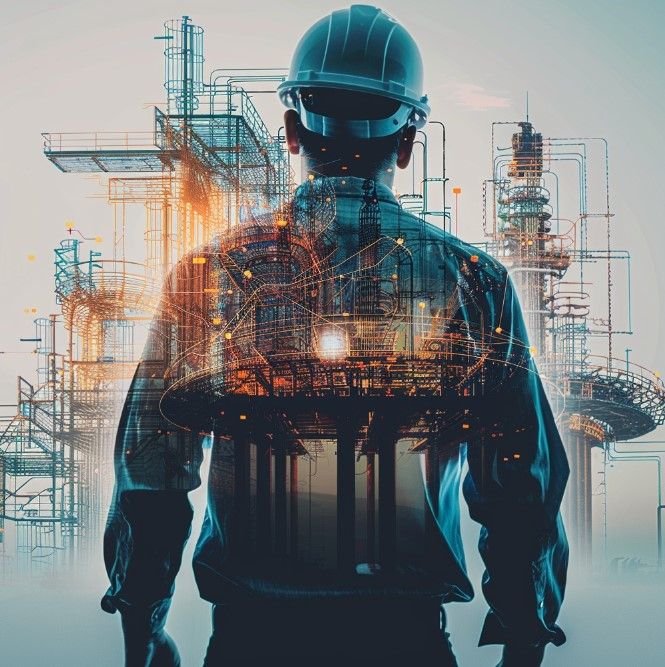 Un tecnico industriale e una rete di impianti e connessioni digitali